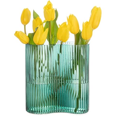 MOLIMAO Glass Vase Footprint Shape Striped Bottle for Home Office Restaurant Desk Decoration 8.3 Inch(Dark Green) Cover