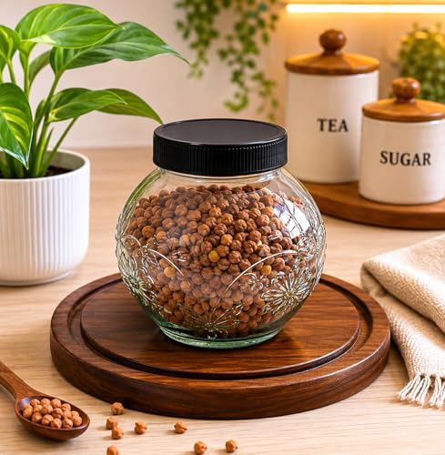 Image of Designer Transparent Glass Storage Jar with Black Plastic Airtight Lid, 900 ML Food Grade Kitchen & Pantry Storage Container, Size 8 X 14 X 14 cm, Ideal for Pulses, Dry Fruits