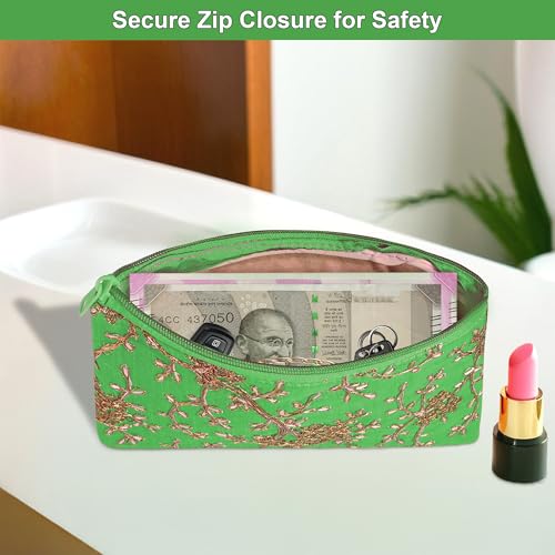 Image of Kuber Industries 2 Pcs Polyester Hand Purse for Woman with Zip | Lightweight & Compact Ladies Purse /Wallet for Travelling, Party, Wedding & Events | Embroidery Design - Green