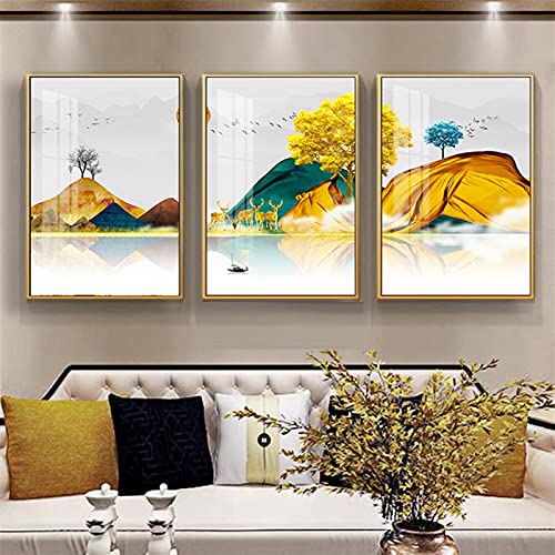 Affiche murale paysage abstrait cerf d'or et arbre pour décoration salon moderniser intérieur