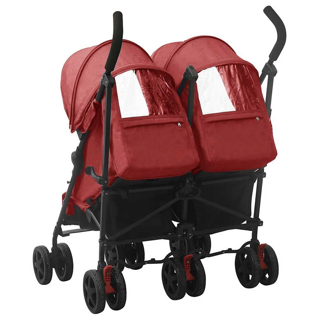 Poussette pour frères et sœurs en acier rouge avec 12 roues, dossier réglable sur 4 positions, pliable avec capote et panier, poussette double compacte pour promenade, voyage, shopping