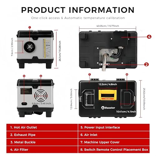 Sunster 8kW Tragbare Diesel Luftheizung, 110-240V AC & 12/24V DC TB10PRO Diesel Standheizung mit Bluetooth APP & Adapter,Plateau-Modus Diesel Heizung für Auto, LKW, Camping