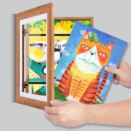 Image of [2 Pack] Kids Art Frames, 10x12.5 Front Opening Kids Artwork Frames Changeable,Dark Woodgrain Artwork Display Storage Frame for Wall, Holds 50 Pcs, for 3D Picture, Crafts, Children Drawing, Hanging