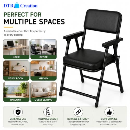 Image of Foldable Cushioned Chair with Armrests | Heavy Duty Metal Frame | Soft Padded Seat & Backrest | Space Saving Folding Chair for Home, Office, Study & Guest Seating | Black