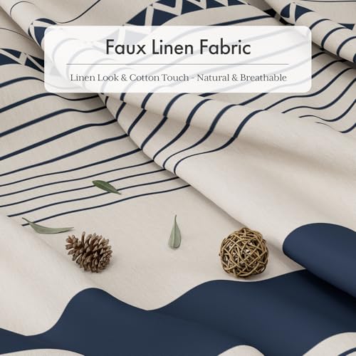 Image of AmazerBath Boho Shower Curtain, Modern Farmhouse Shower Curtain Set with Tassels, Rustic Faux Linen Navy Blue Striped Shower Curtain with Hooks, Light Tan Toned, 72x72 Inches