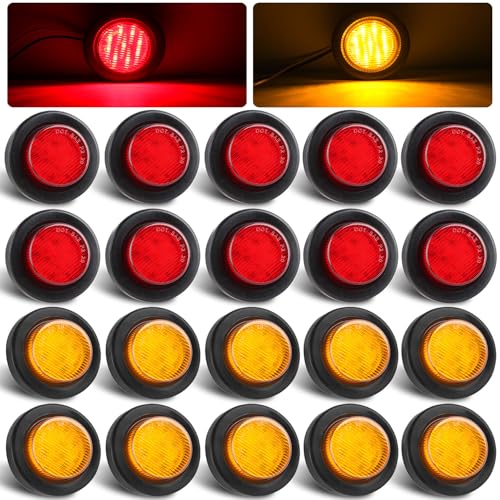 Partswcgg 20Pcs 2 Inch Round Led Trailer Marker Lights 9LED 10 Amber+10 Red 2 Red Round 9LED LED Indicator Side Clearance Lights Markers Flush Mount w/2 Prong Plug Grommet Pigtails IP67 Waterproof
