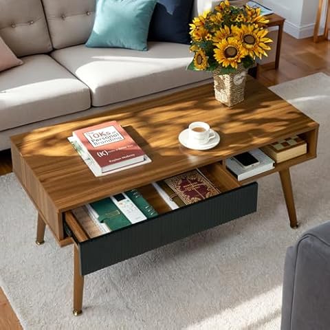 Artswish Coffee Table Mid Century Modern Coffee Tables with Drawer and Open Storage, Living Room Table Walnut Coffee Table Cover