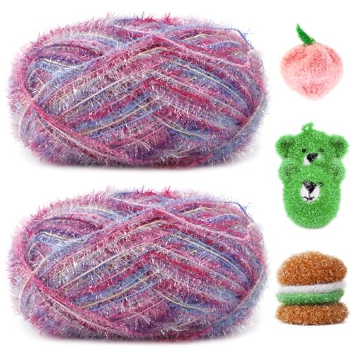 Image of JeogYong Scrubby Yarn 2 Skeins (2 x 100g, 2 x 218yd) Scrubby Sparkle Yarn, Fluffy Polyester Scrubbie Crochet String for Crocheting Knitting Dishcloths Washcloths DIY Projects