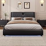 Queen Size Luxurious Size Bed Frame,Faux Leather Upholstered Platform Bed with Bluetooth Speakers and RGB LED Light with Thickened Headboard,Modern Platform Bed,No Box Spring Needed (Black, Queen)