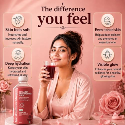Image of The Wellness Shop Collagen Skin Radiance Juice 500ml | Natural Ayurvedic Supplement for Skin Glow and Healthy Hair | Sea Buckthorn Moringa Herbal Drink | Daily Beauty Wellness Juice for Men Women