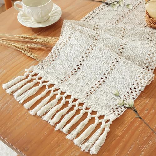Macrame Table Runner Cream Beige Boho Table Runners with Tassels 72 Inches Long, Rustic Farmhouse Table Runners for Living Room Bridal Shower(12x72in)