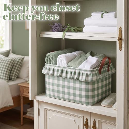Image of Boao 1 Pcs Sage Green Ruffled Gingham Canvas Basket, Rectangular Organizing Decorative Storage Basket with Handle, Cute Farmhouse Home Decor for Nursery Room Bathroom Living Room
