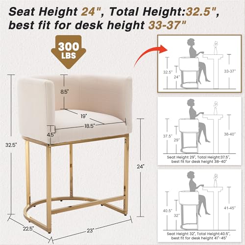Image of HNY Modern Counter Height Linen Cream Fabric Upholstered Counter Stool Set of 4, 24 Inch Kitchen Island Stool with Gold Metal Frame