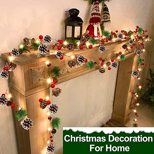 Yoawllty Christmas Decorations, Christmas Garland with Lights, 6.5FT Christmas Lights Red Berry Bell Pine Needle Xmas Deco Indoor Outdoor