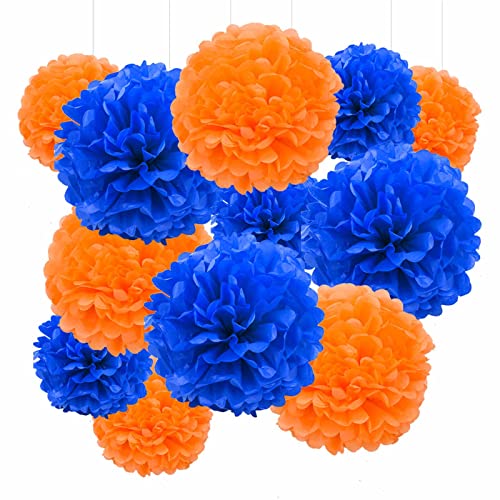GAKA FAVOR Juego de 12 pompones de papel de seda, color naranja y azul marino, decoración colgante de papel para bodas, bautizos, cumpleaños, comunión, fiesta nacional Cover