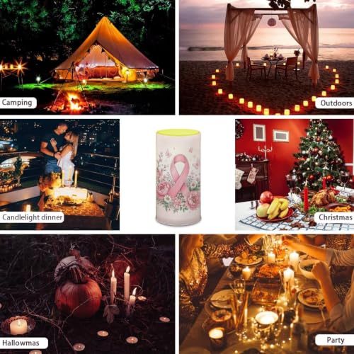Image of Poceacles Flameless Light Candles Battery Operated Candles with Color Changing Timer Remote Control Tealights for Breast Cancer Awareness Decor, Pink Ribbon Floral Butterfly Pink
