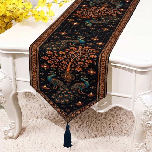Image of Dining Table Runner -Diwali Peacock Printed Theme,Digital Print, Washable, Indoor /Outdoor, Heat-Proof, Wipe & Clean (135X33 cm) Navy & Orange