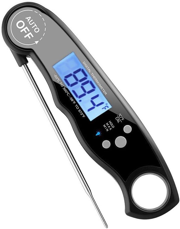GordonChann Instant Read Meat Thermometer Waterproof Thermometer with Large Backlit LCD Calibration and Backlight Functions Thermometer for BBQ. Meat. Tea. Milk. Soup. (Black)