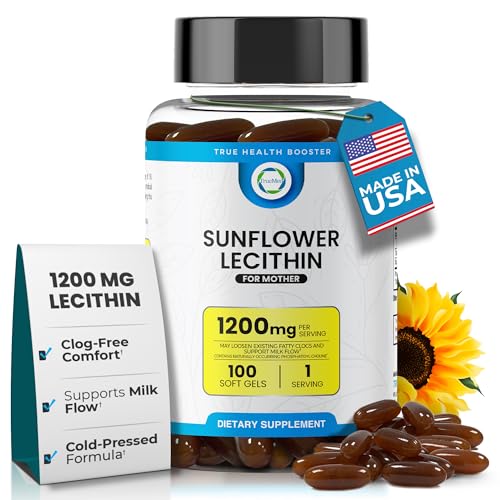 Image of TRUEMED Organic Sunflower Lecithin 1200 mg – Sunflower Lecithin Breastfeeding Supplement for Moms – Supports Milk Flow, Clogged Duct Relief, Brain & Liver Health – Soy-Free, Non-GMO – 100 Softgels