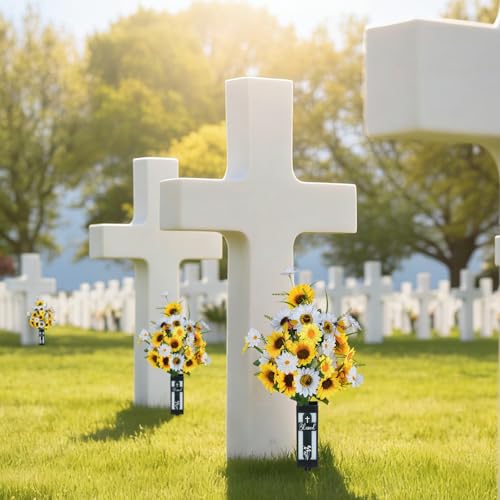 Artificial Cemetery Flowers for Grave: 2 Pc Yellow White Sunflower Grave Flower Bouquets for Cemetery Decorations - Spring Outdoor Gravesite Flowers with Vase image 3