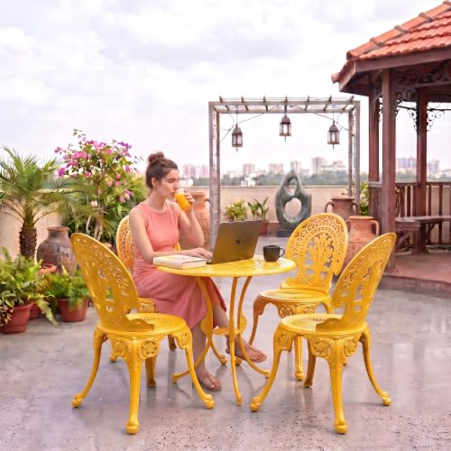Image of BRISHI Cast Aluminium Garden Patio Seating Chair and Table Set for Balcony Outdoor Furniture with 1 Table and 4 Chair Set (Yellow)