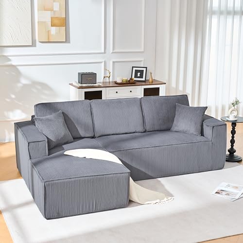 Bladez Sofá moderno de 3 plazas de pana, 235 cm, modular en forma de L, sofá de esquina con chaise longue, moderno sofá cama sin boneless superficie de asiento extraprofunda, combinable, sin montaje