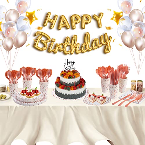 Clawsoff 175Pcs White And Rose Gold Party Supplies, Serves 25 Set Disposable Party Dinnerware, Plastic Forks Knives Spoons, Golden Dot Paper Plates, Napkins Cups For Baby Shower, Birthday, Wedding #TOP5