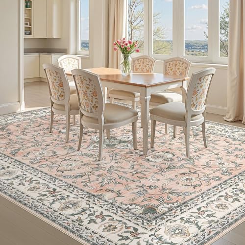 Tortania Area Rug Living Room Rugs - 6x9 Washable Boho Rug Vintage Oriental Distressed Farmhouse Large Thin Indoor Carpet for Living Room Bedroom Under Dining Table Home Office - Floral Pink