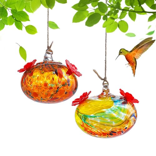 Set 2 Hummingbird Feeders for Outdoors Hanging 3.2in Small Blown Glass Humming Bird Feeder for Window Humming Bird Feeders with 2 Flower Feeding Ports
