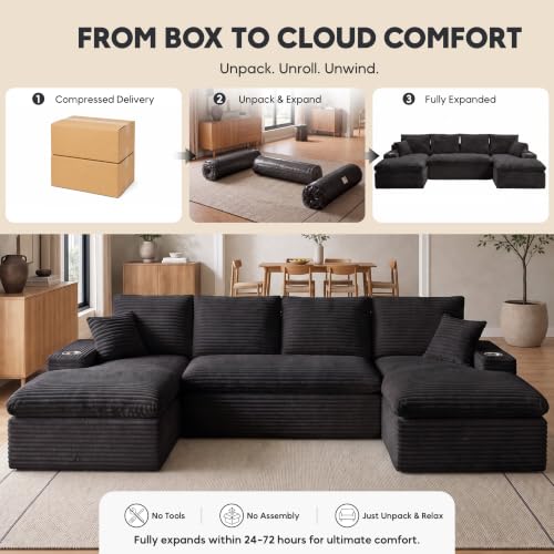 Image of 120 inch Modular Sectional Sofa, U-Shape Boneless Couch, Black