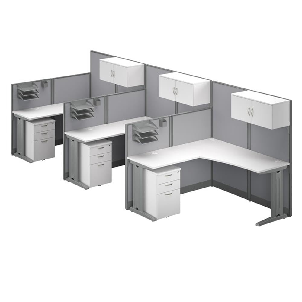Bush Business Furniture Office in an Hour 3 Person L Shaped Cubicle Desks with Storage, Drawers, and Organizers in Pure White | Triple Workstation Set with Privacy Panels for Commercial Workspace