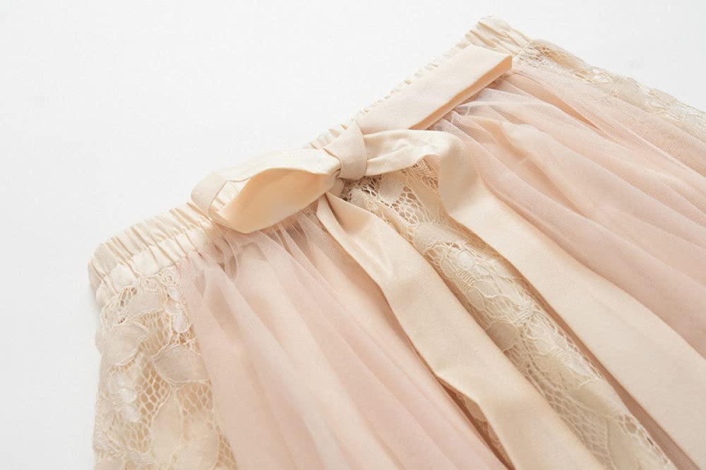 Röcke,Damen Maxirock Beige Elastische Hohe Taille Spitze Spleißen Tüll Faltenrock Süße A-Linie Geraffte Geschichtete Elegante Lange Röcke Für Mädchen Damen,S