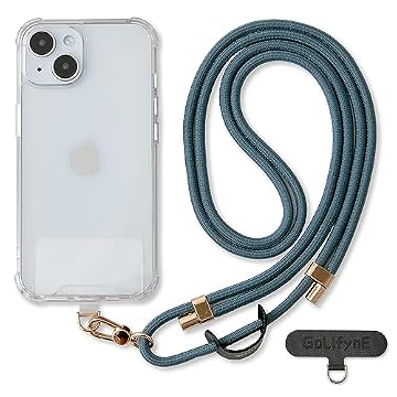 Golifyne Cordão universal para celular, alça transversal antirroubo com 2 abas de amarração não adesivas para iPhone 15 Pro Max, Azul-petróleo/dourado, Standard