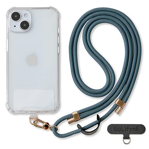 Golifyne Universal Phone Lanyard Anti-Theft Crossbody Strap for iPhone 17 Pro Max and Most Smartphones Adjustable Cell Phone Neck Holder w/ 2 Non-Adhesive Tether Tabs for Men and Women Teal/Gold