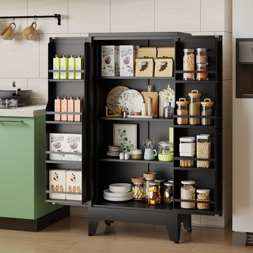 Lusiwry 51' H Metal Kitchen Pantry Storage Cabinet, Freestanding Tall Cupboard Storage Cabinet with Doors and Adjustable Shelves, Large Stand Up Food Cupboard for Living Room, Dinning Room(Black)