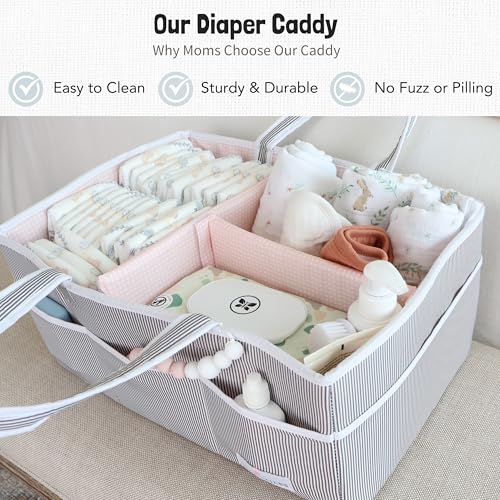 Image of Lily Miles Baby Diaper Caddy - Organizer Tote Bag for Baby Girl Essentials - Baby Shower Basket - Nursery Must Haves - Registry Favorites - Newborn Caddie Car Travel - Gray /Blush, Extra Large