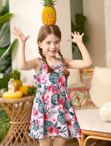 Image of PATPAT Girls Summer Dress Hawaiian Floral Beach Tropical Sundress 2-7 Years | Midi Spaghetti Strap Dress with Lining