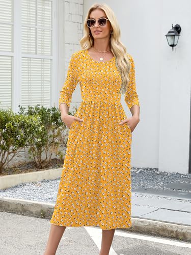 Image of Heymoments Women's Casual 3 /4 Sleeve Midi Dress Crewneck A Line Tiered Flowy Loose Travel Long Dresses with Pockets