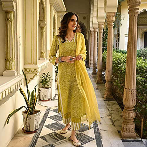 Image of Royal Export Women's Floral Printed Straight Kurta Pant Dupatta Set | Ethnic Kurta Set for Women | Cotton Blend 3 /4 Sleeve Regular Fit | Mustard