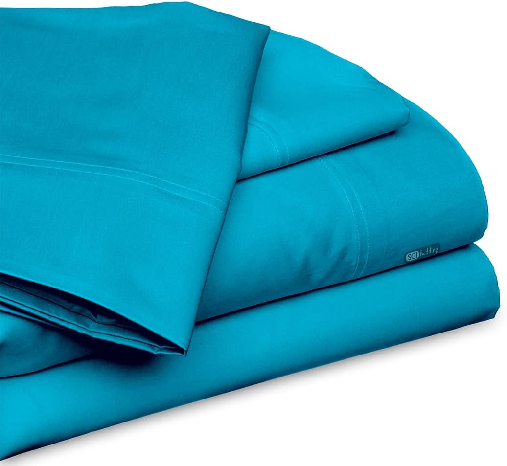 SGI bedding Luxury 4 Piece Family King Size(120" W x 80" L) Egyptian Cotton Sheet Set - 1000 Thread Count, 15" Inch Deep Pocket Sateen Weave, Long Staple, Breathable, Soft Premium Cotton - Turq. Blue