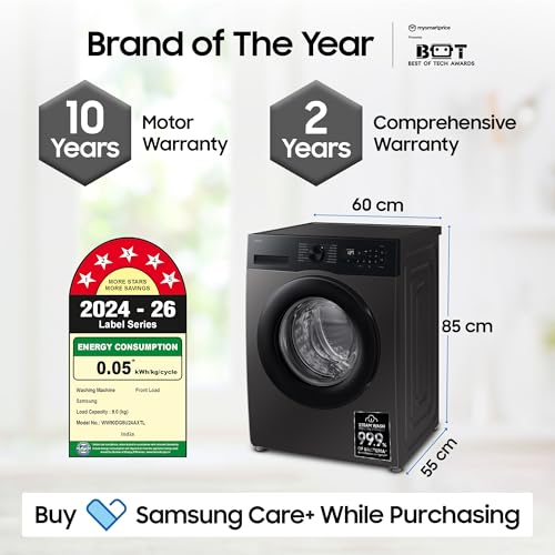 Image of Samsung 9 kg, 5 star, AI EcoBubble, Super Speed, Wi-Fi, Hygiene Steam with Inbuilt Heater, Digital Inverter, Fully-Automatic Front Load Washing Machine (WW90DG5U24AXTL, Inox)