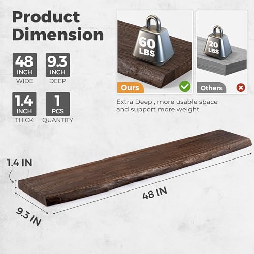 Image of RICHFOCUS Live Edge Elm Floating Shelves - 48 inch W x 9.3 inch D Rustic Solid Wood Wall Shelves with Invisible Bracket, Wall-Mounted for Living Room, Bedroom, Kitchen Storage & Display, Set of 1, Walnut