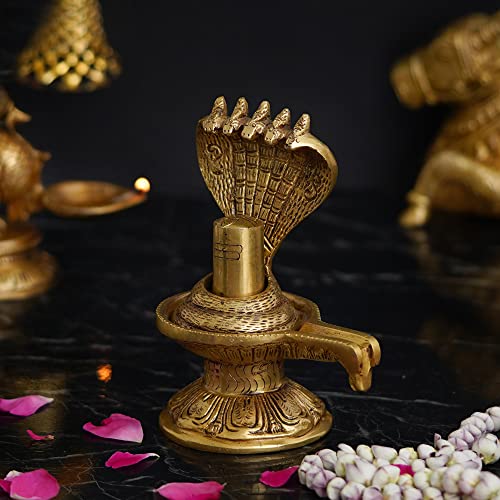 Image of eCraftIndia Golden Decorative Handcrafted Shivling with Naag Devta Brass Showpiece
