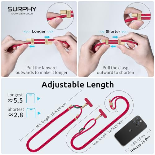 Image of SURPHY Phone Lanyard Crossbody, Phone Strap Crossbody with 2 Tether Tabs | Adjustable Cell Phone Lanyard, Anti Theft Phone Strap, Premium Metal Buckles, Universal Lanyard for Travel, Christmas Red