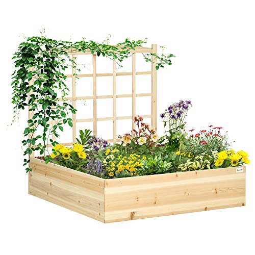 Outsunny Jardinière carré Potager en Bois avec Treillis pour Plantes grimpantes, légumes - 110 x 116 x 120 cm Naturel
