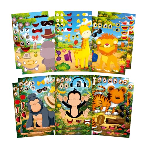Image of CodersParadise Jungle Animal Make-a-Face Sticker Activity Set, 12 Sticker Sheets, Lion, Tiger, Monkey, Giraffe, Gorilla & Hippo Face Stickers, DIY Craft for Kids, Birthday Party Favors