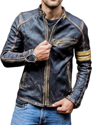 Men's Elite Real Lambskin Leather Cafe Racer Distressed Motorcycle Black Biker Fadded Vintage Leather Jacket