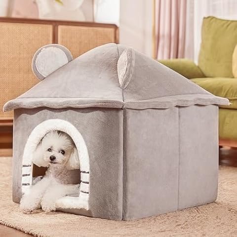 Dog Cat House Indoor, Plush Dog House Kennel Bed Cozy Pet Bed House with Cushion, Winter Warm Cat Nest Cave for Dogs Cats (Grey, Large) Cover