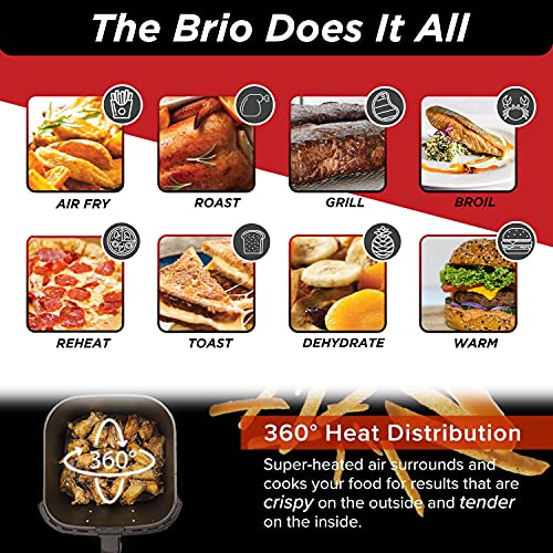 This is a picture of a product for sale called NUWAVE Brio 6-Quart Digital Air Fryer (Gourmet - Grill Kit) Easy Controls,  6 Presets,  Temperature Probe; Includes Recipe Book,  Basket Divider,  Grill Pan,  Non-Stick Baking Pan and Stainless-Steel Rack