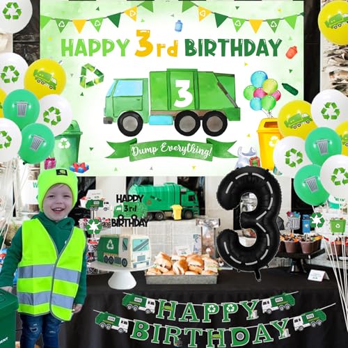 Balterever 3rd Birthday Garbage Truck Decoration - Boys Trash Truck Bday Backdrop Banner, Cake Toppers, Number 3 Balloon for Waste Management Recycling Party Supplies by Balterever - Image 3